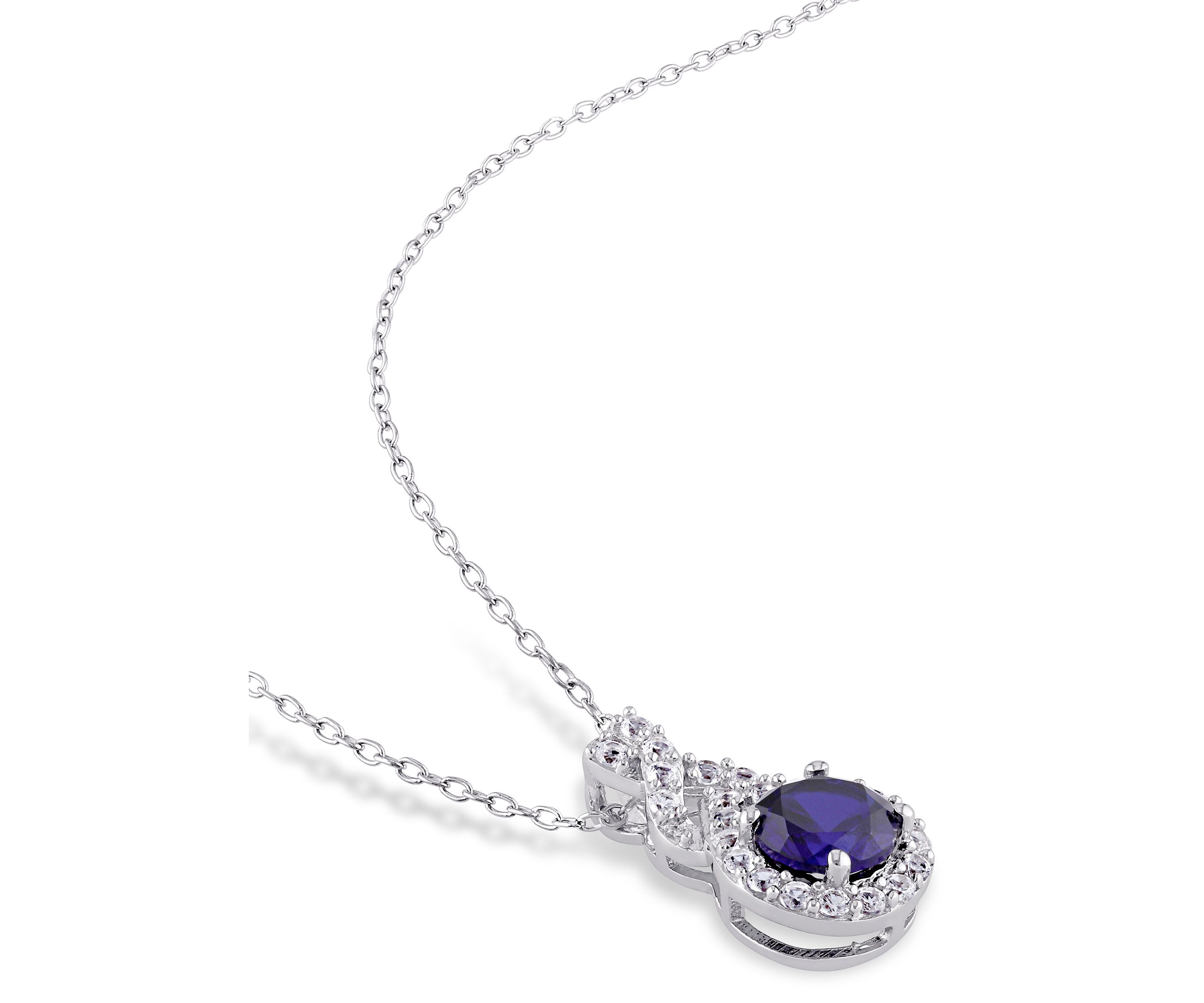 Lab Created Created Blue and Created White Sapphire  Teardrop Halo Pendant with Chain in Sterling Silver