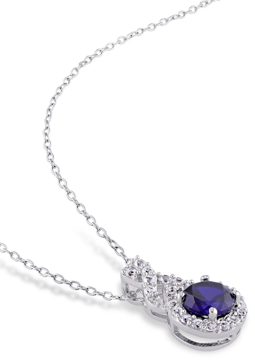 Lab Created Created Blue and Created White Sapphire  Teardrop Halo Pendant with Chain in Sterling Silver