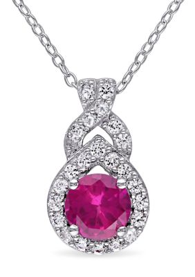 Belk & Co Lab Created White Sapphire and Ruby Teardrop Halo Pendant with Chain in Sterling Silver, 18 in
