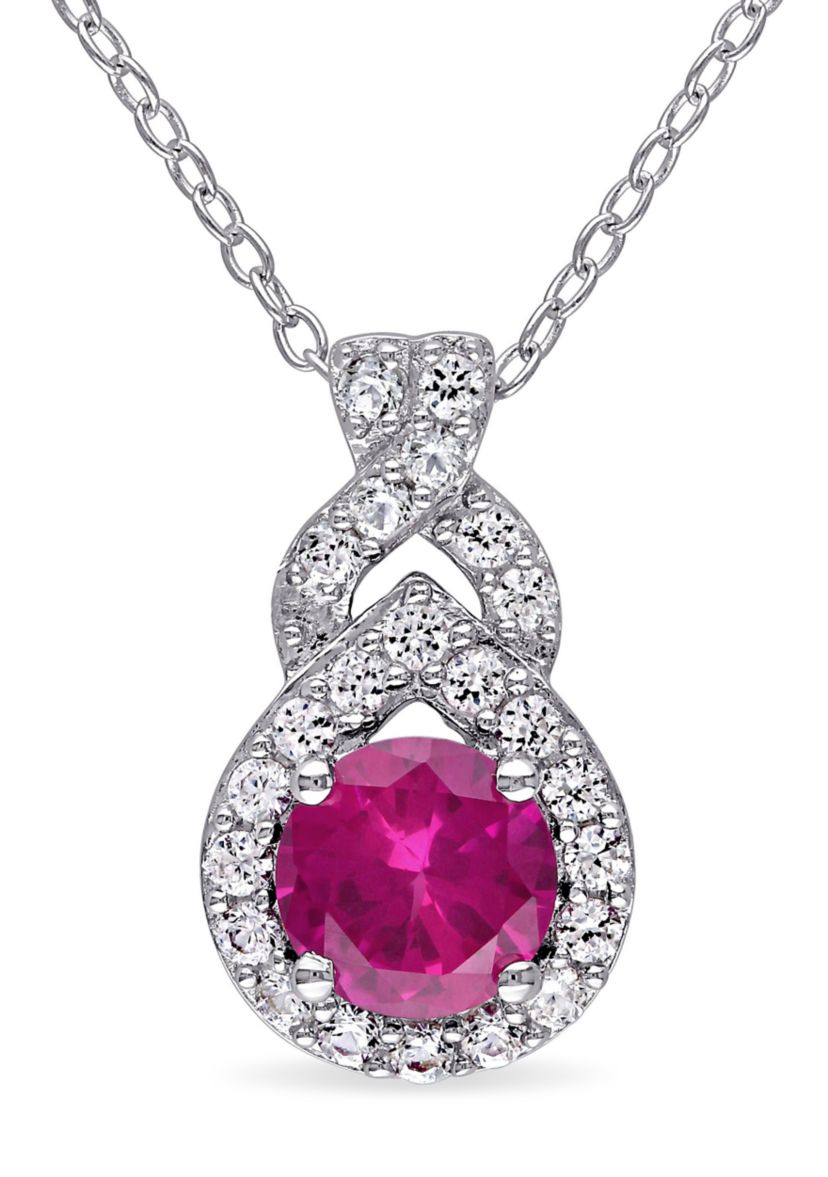 Lab Created Created White Sapphire and Created Ruby  Teardrop Halo Pendant with Chain in Sterling Silver