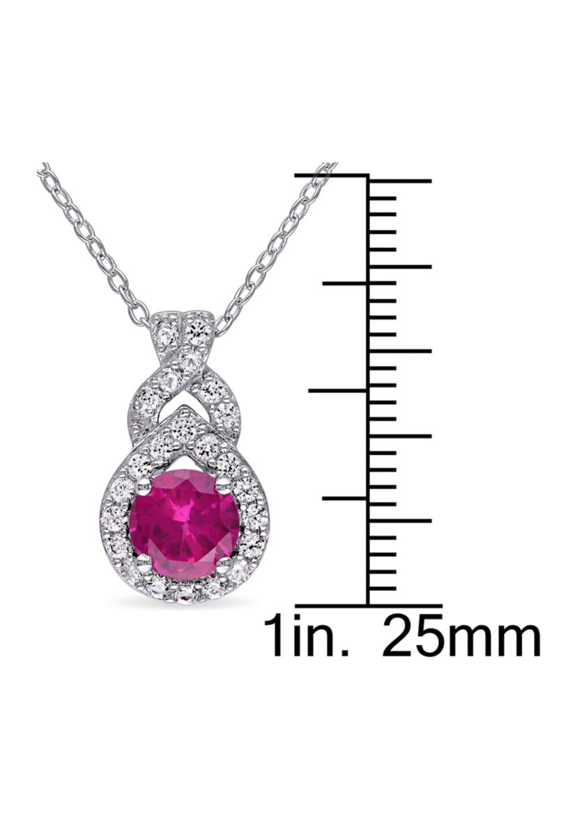 Lab Created Created White Sapphire and Created Ruby  Teardrop Halo Pendant with Chain in Sterling Silver
