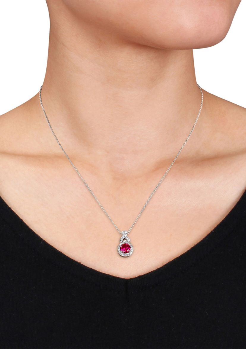 Lab Created Created White Sapphire and Created Ruby  Teardrop Halo Pendant with Chain in Sterling Silver