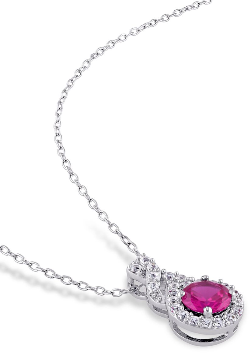 Lab Created Created White Sapphire and Created Ruby  Teardrop Halo Pendant with Chain in Sterling Silver