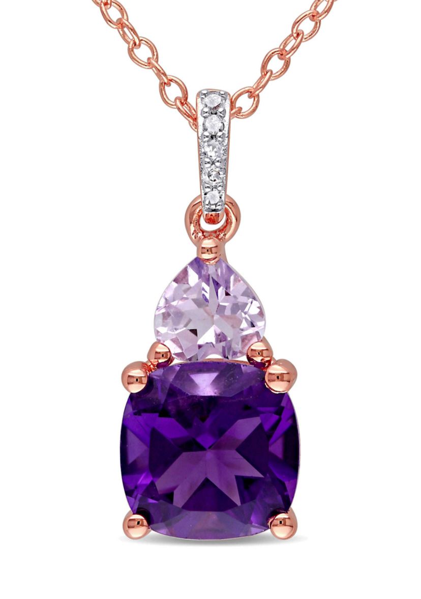 Amethyst-Africa, Rose de France and Diamond Heart Accent Solitaire Pendant with Chain in 2-Tone Rose and White Sterling Silver