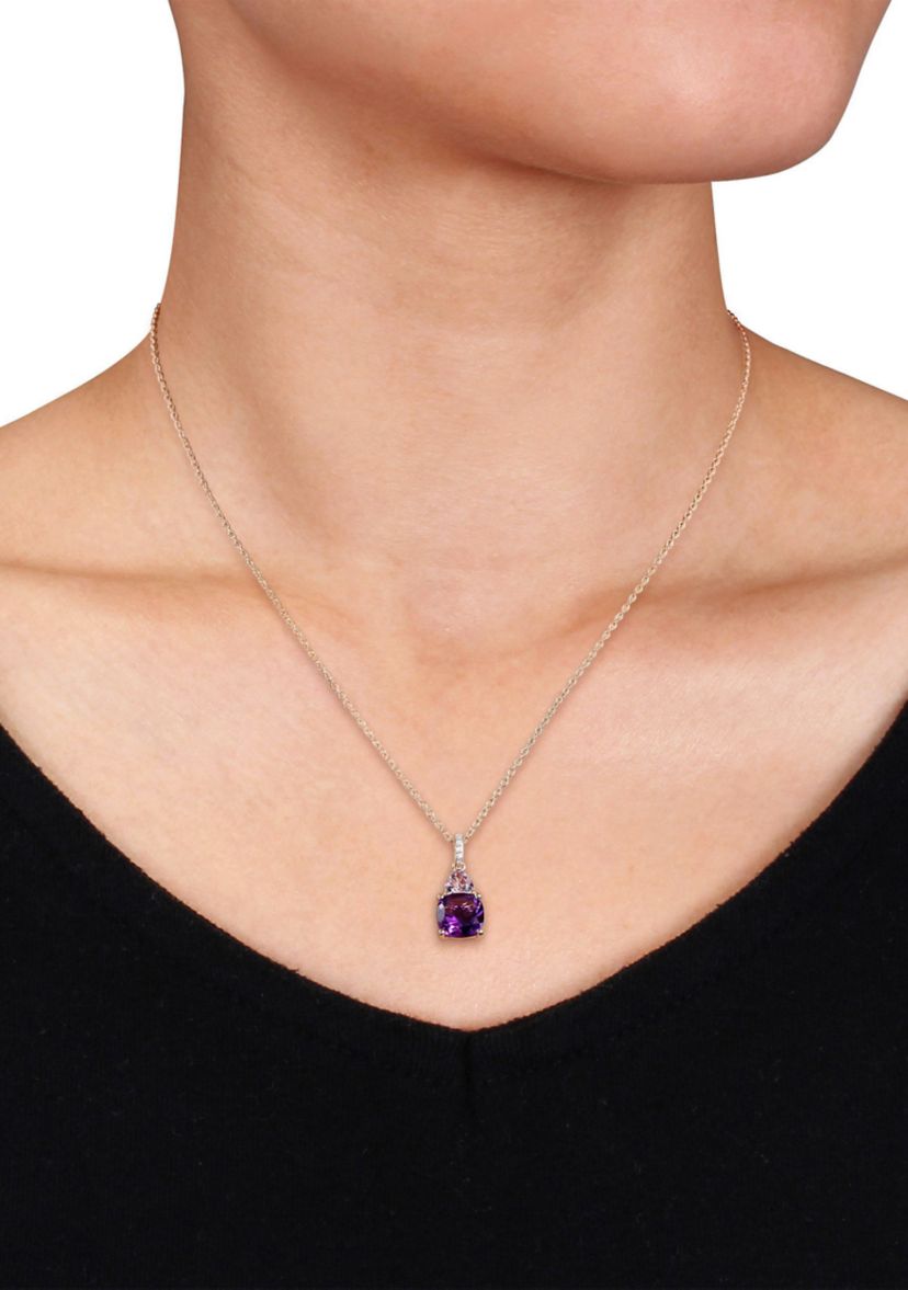 Amethyst-Africa, Rose de France and Diamond Heart Accent Solitaire Pendant with Chain in 2-Tone Rose and White Sterling Silver