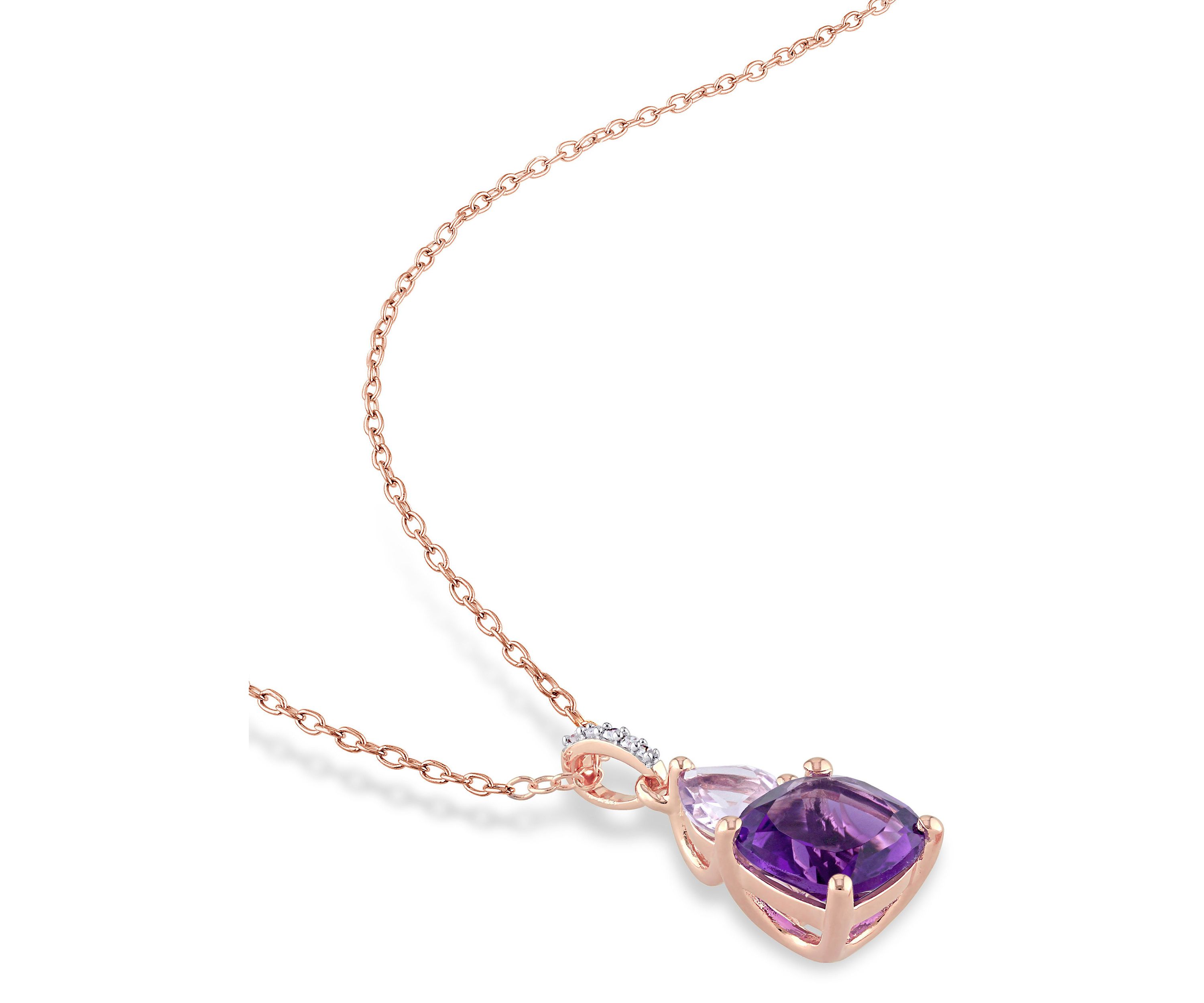 Amethyst-Africa, Rose de France and Diamond Heart Accent Solitaire Pendant with Chain in 2-Tone Rose and White Sterling Silver