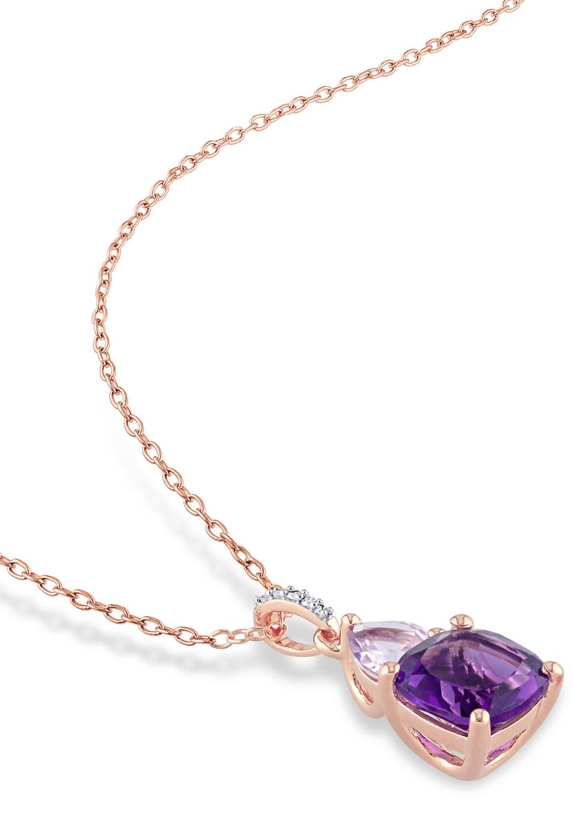Amethyst-Africa, Rose de France and Diamond Heart Accent Solitaire Pendant with Chain in 2-Tone Rose and White Sterling Silver