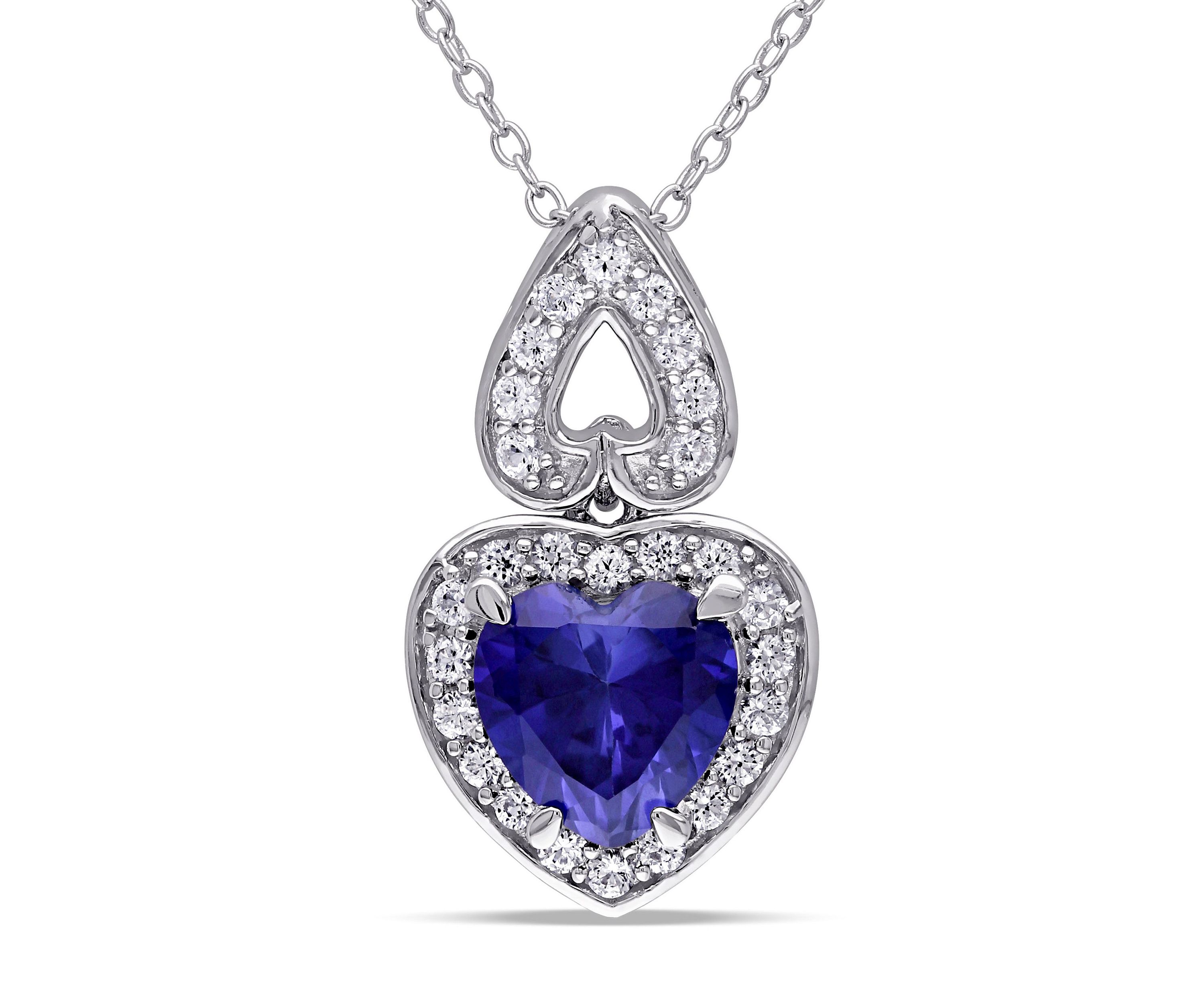 Lab Created 3.12 ct. t.g.w. Created Blue and Created White Sapphire Heart Halo Pendant with Chain in Sterling Silver