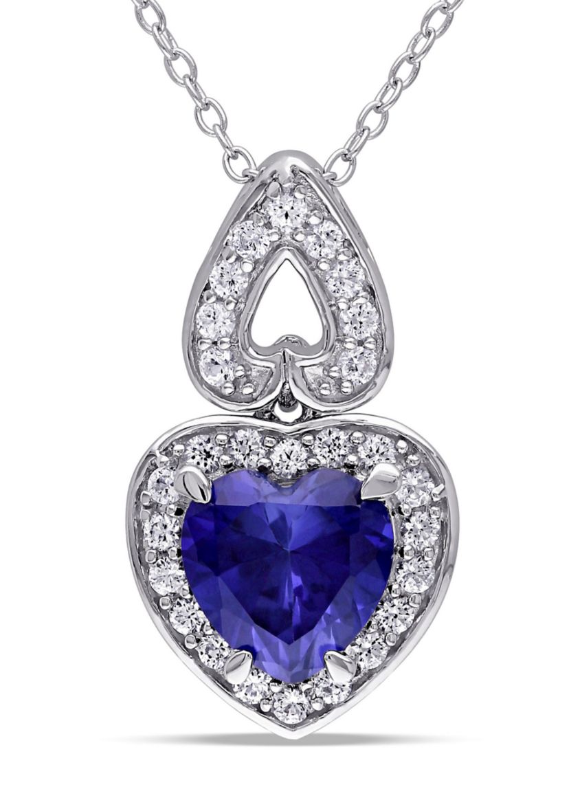 Lab Created 3.12 ct. t.g.w. Created Blue and Created White Sapphire Heart Halo Pendant with Chain in Sterling Silver