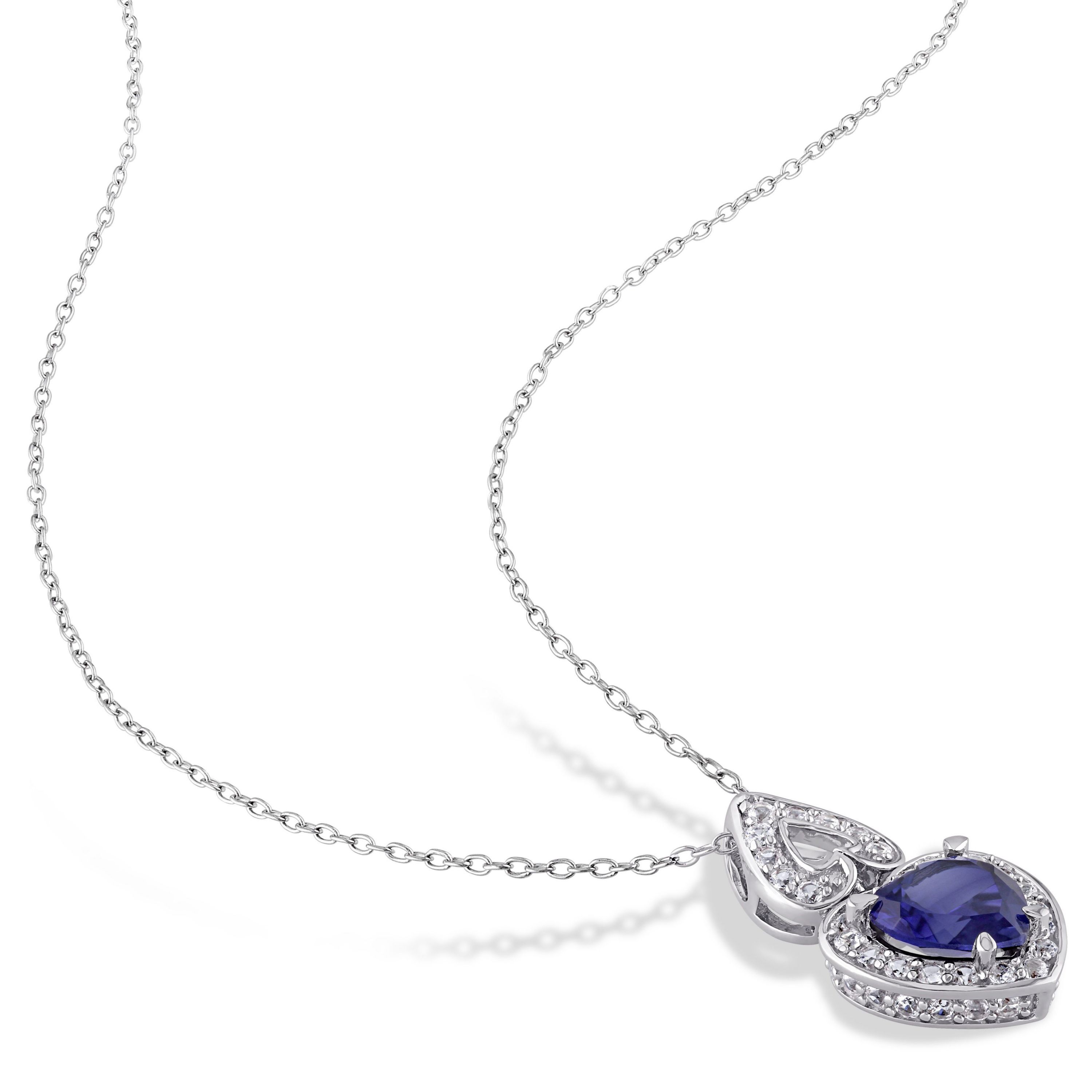 Lab Created 3.12 ct. t.g.w. Created Blue and Created White Sapphire Heart Halo Pendant with Chain in Sterling Silver