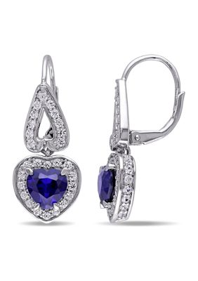 Belk & Co Lab Created 5.52 ct. t.g.w. Blue and White Sapphire Heart Leverback Earrings in Sterling Silver