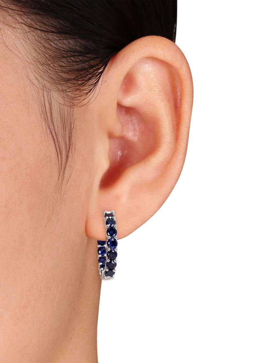 Lab Created 4 1/3 CT TGW Created Blue Sapphire Inside Outside Hoop Earrings in Sterling Silver