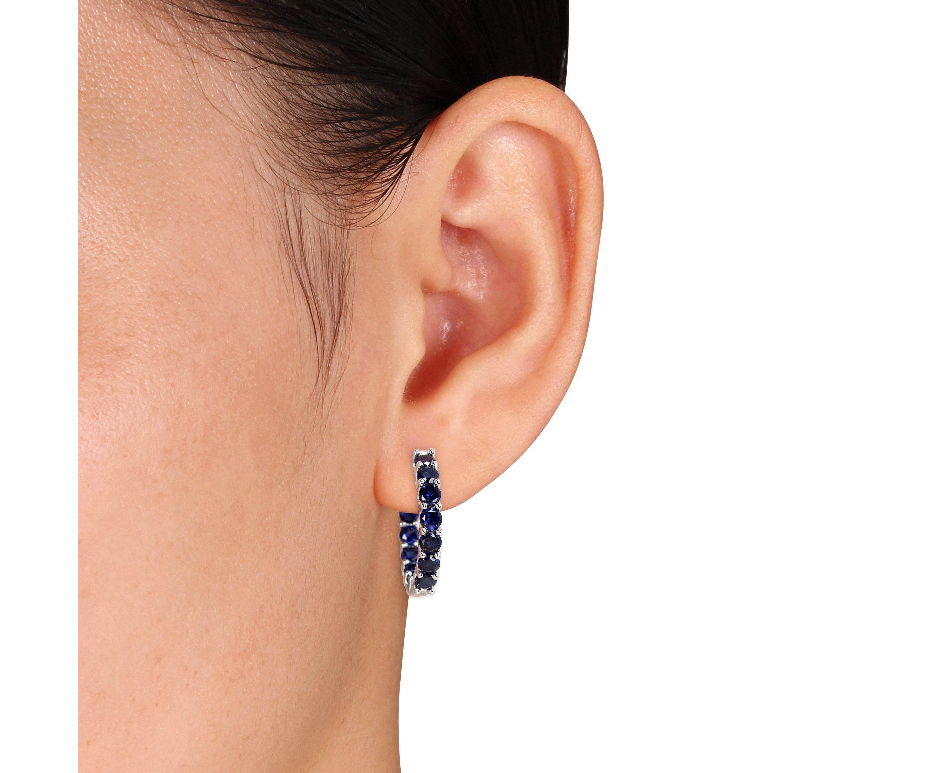Lab Created 4 1/3 CT TGW Created Blue Sapphire Inside Outside Hoop Earrings in Sterling Silver