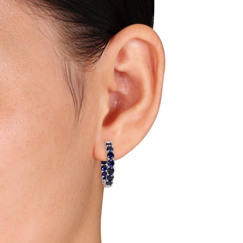 Lab Created 4 1/3 CT TGW Created Blue Sapphire Inside Outside Hoop Earrings in Sterling Silver