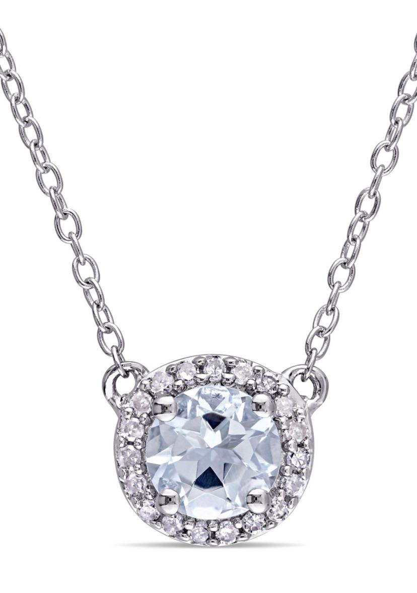 1/10 ct. t.w. Diamond and Aquamarine Halo Necklace in Sterling Silver