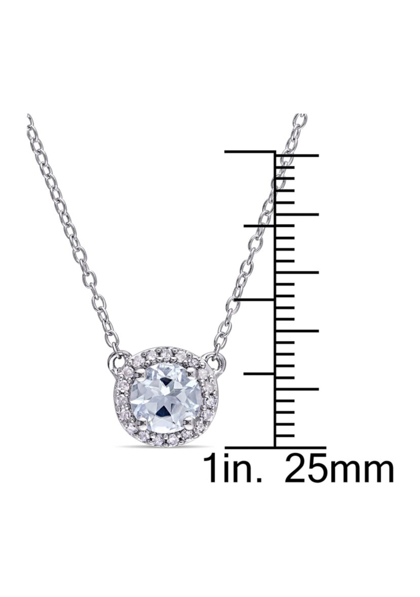 1/10 ct. t.w. Diamond and Aquamarine Halo Necklace in Sterling Silver