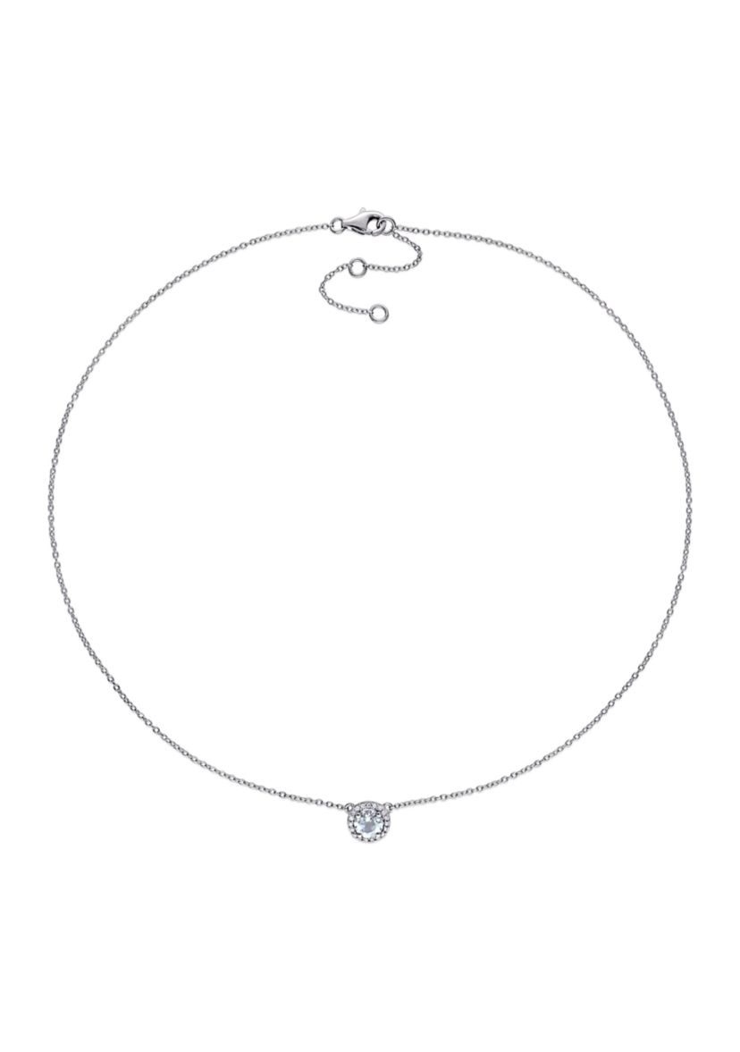 1/10 ct. t.w. Diamond and Aquamarine Halo Necklace in Sterling Silver