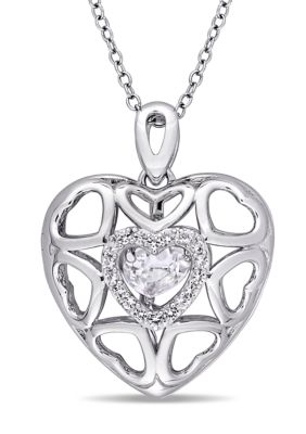 Belk & Co White Topaz Heart Locket Pendant with Floating White Topaz with Chain in Sterling Silver, 18 in