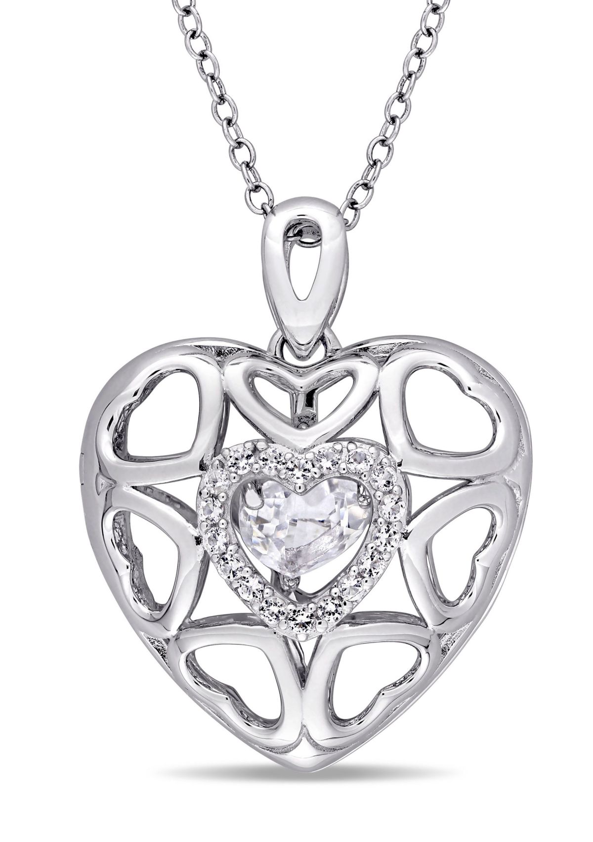 White Topaz Heart Locket Pendant with Floating White Topaz with Chain in Sterling Silver