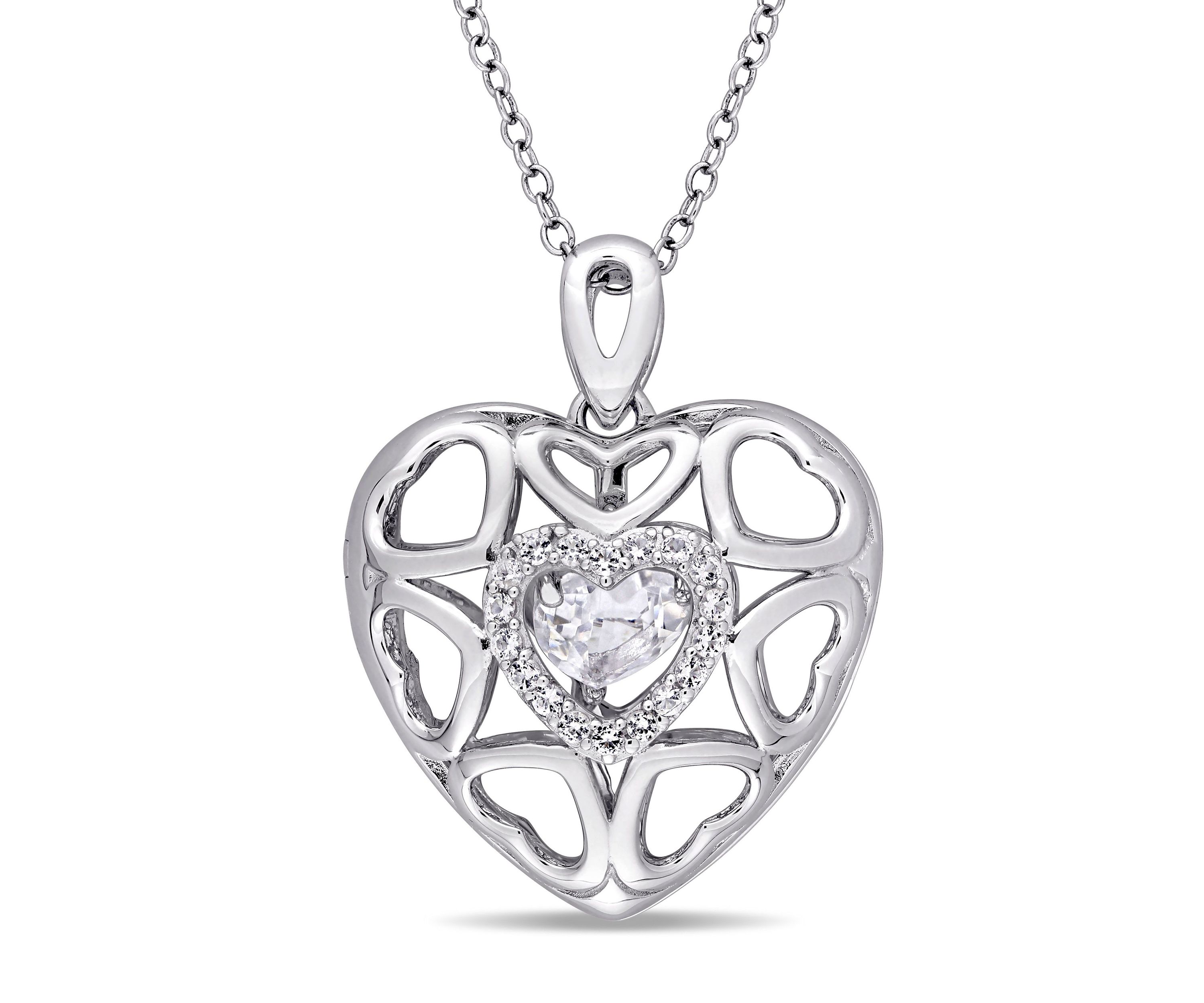 White Topaz Heart Locket Pendant with Floating White Topaz with Chain in Sterling Silver