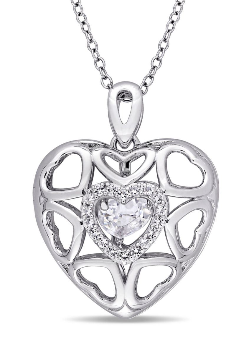 White Topaz Heart Locket Pendant with Floating White Topaz with Chain in Sterling Silver
