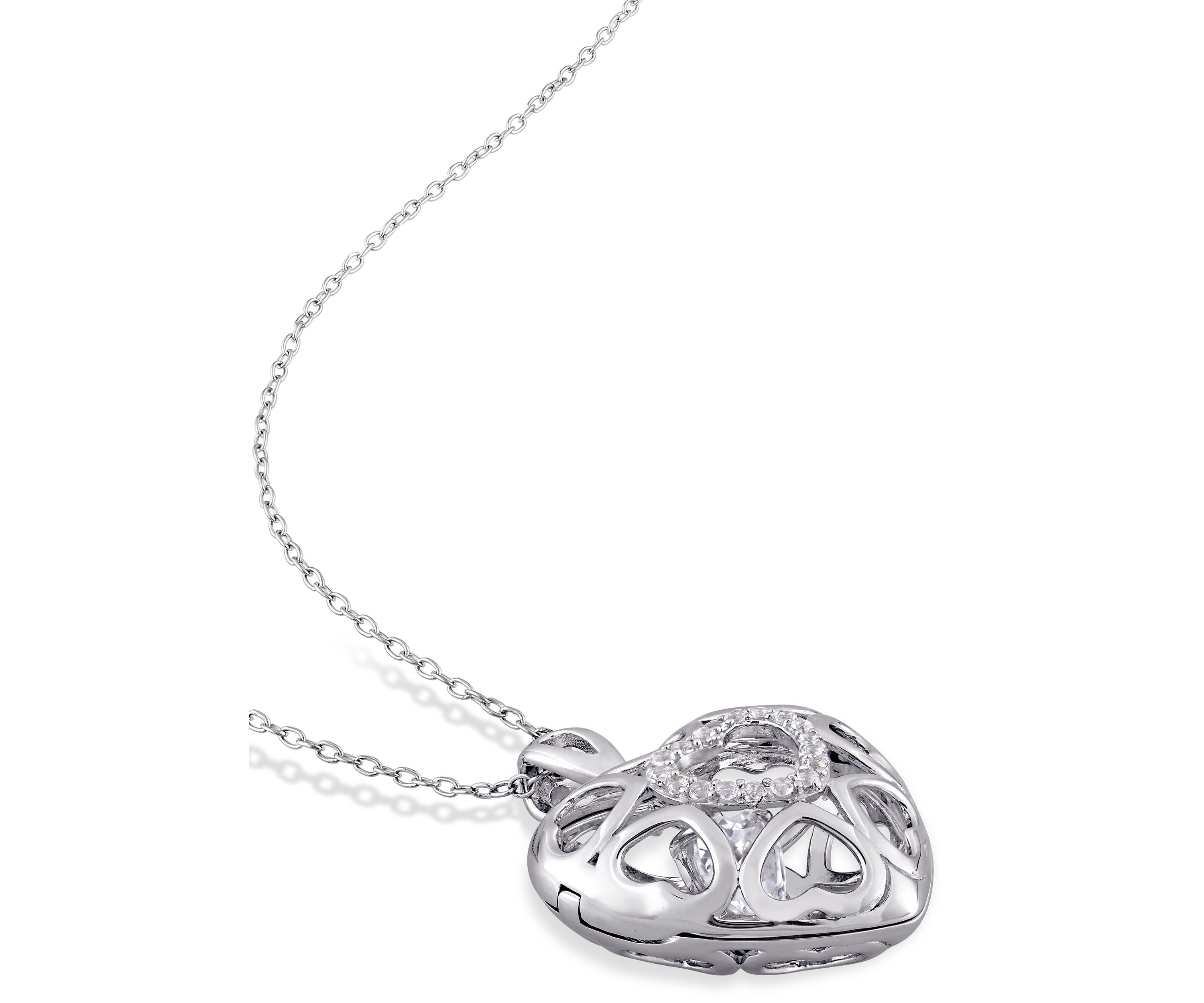 White Topaz Heart Locket Pendant with Floating White Topaz with Chain in Sterling Silver