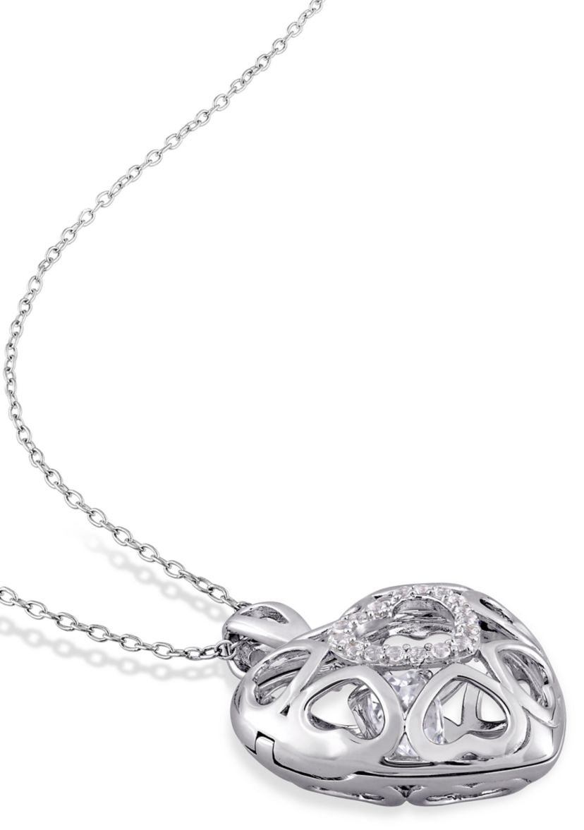 White Topaz Heart Locket Pendant with Floating White Topaz with Chain in Sterling Silver