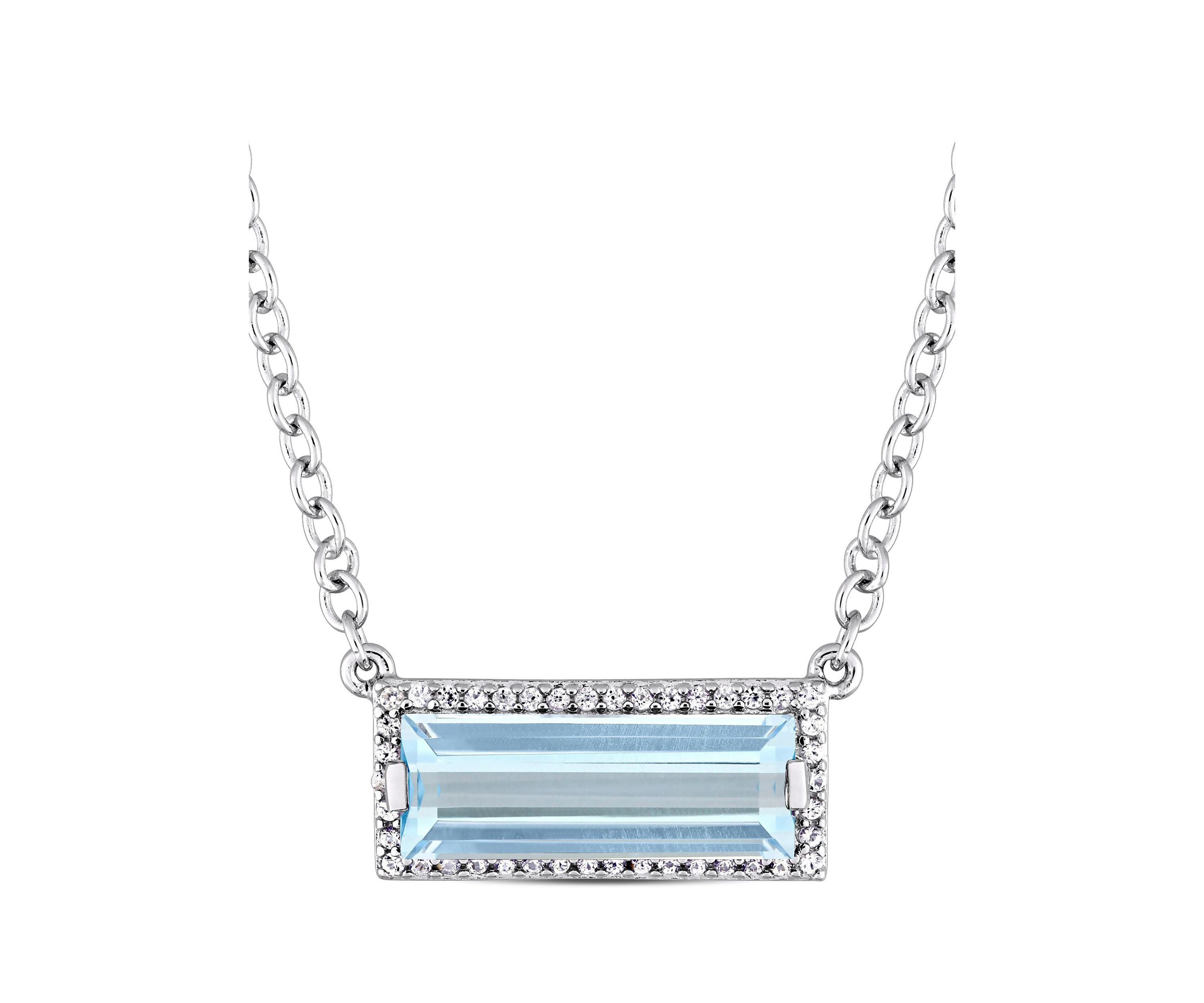 3 CT TGW Baguette Cut Blue Topaz and White Sapphire Halo Necklace in Sterling Silver