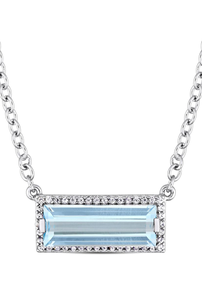 3 CT TGW Baguette Cut Blue Topaz and White Sapphire Halo Necklace in Sterling Silver