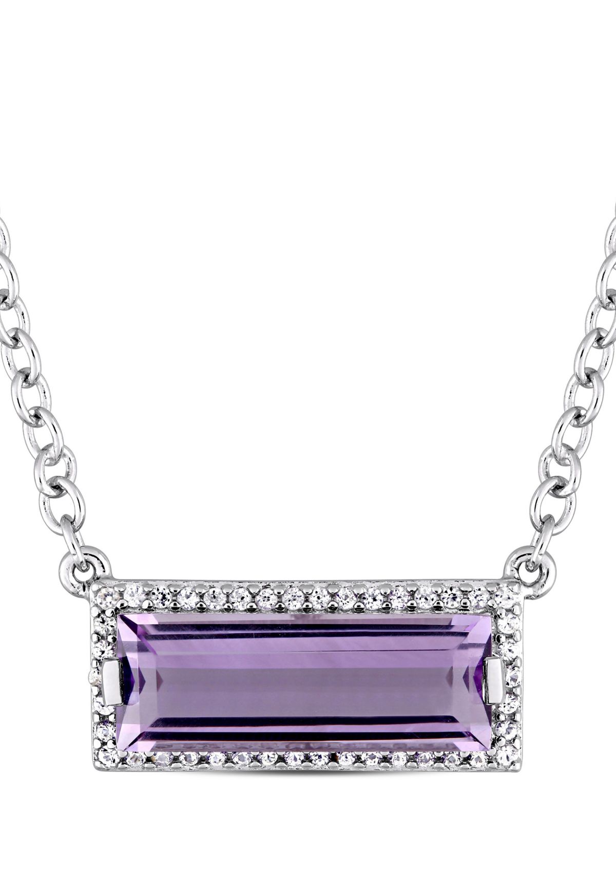 Baguette Cut African Amethyst and White Sapphire Halo Necklace in Sterling Silver