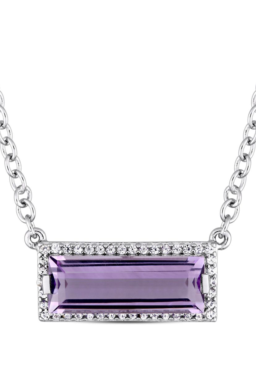 Baguette Cut African Amethyst and White Sapphire Halo Necklace in Sterling Silver