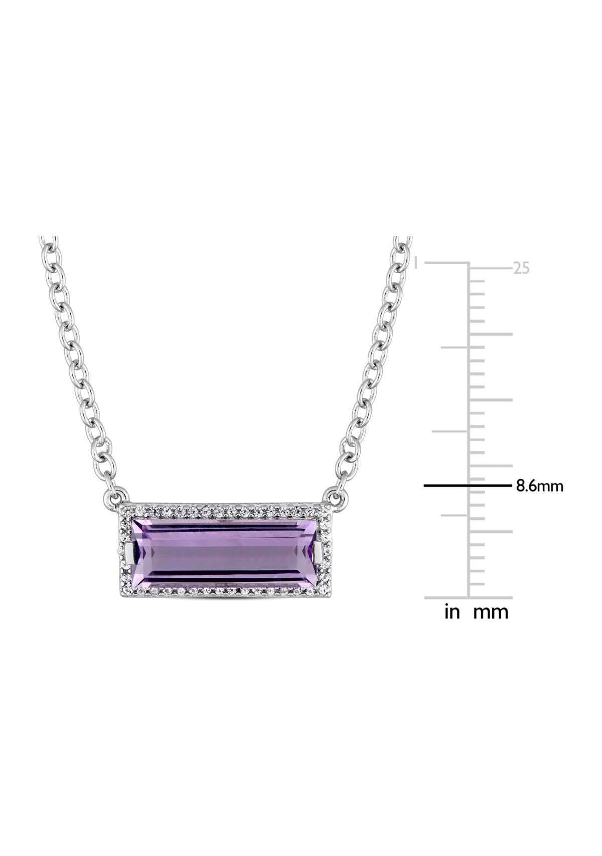 Baguette Cut African Amethyst and White Sapphire Halo Necklace in Sterling Silver