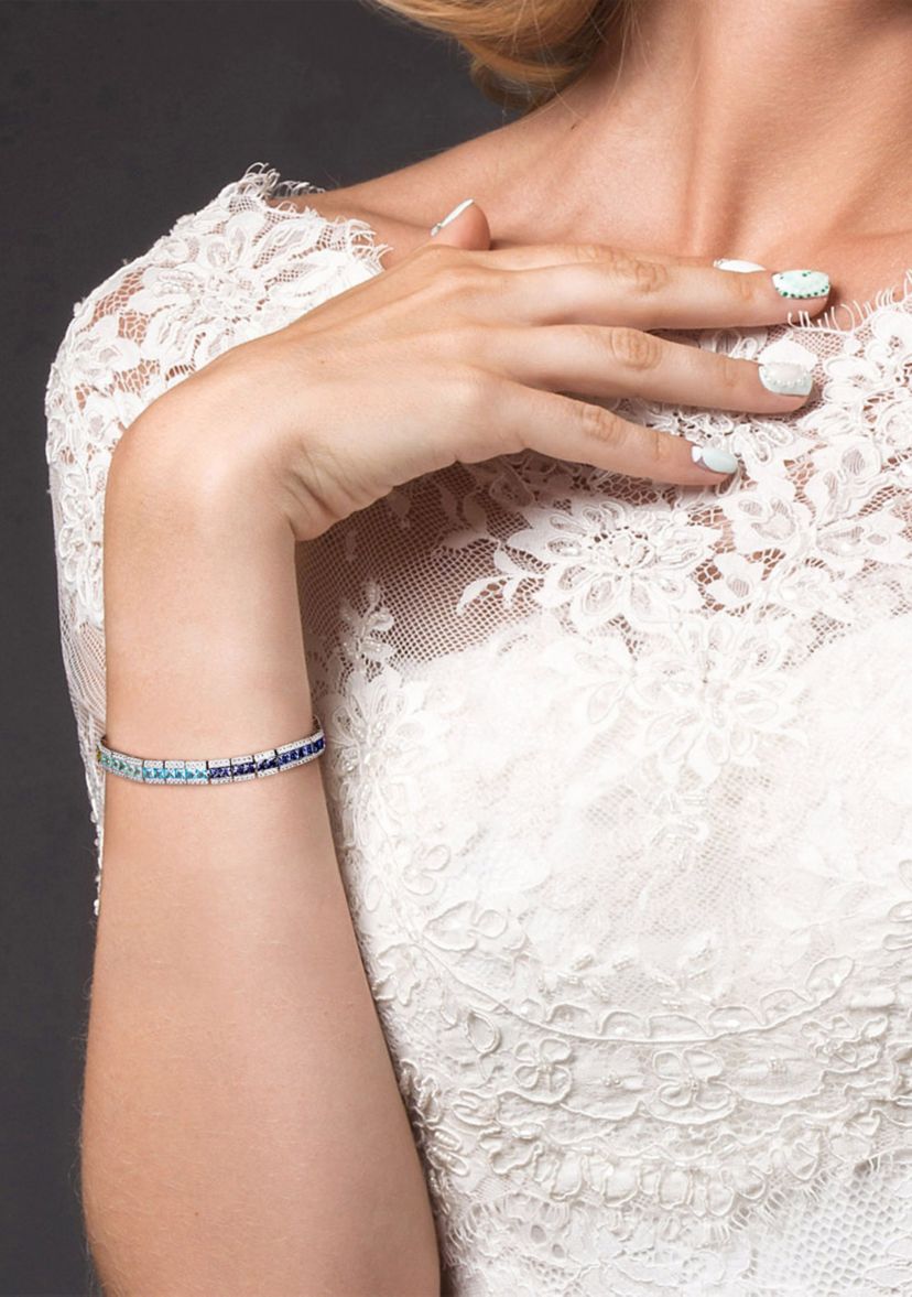 Lab Created 12.54 ct. t.g.w. Multi-Color Square Created Sapphire Tennis Bracelet in Sterling Silver