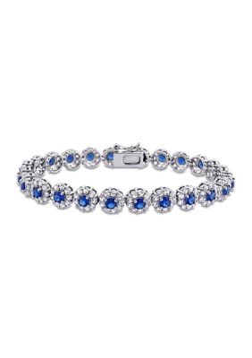 Belk & Co Lab Created 11.28 ct. t.g.w. Blue and White Sapphire Halo Tennis Bracelet in Sterling Silver
