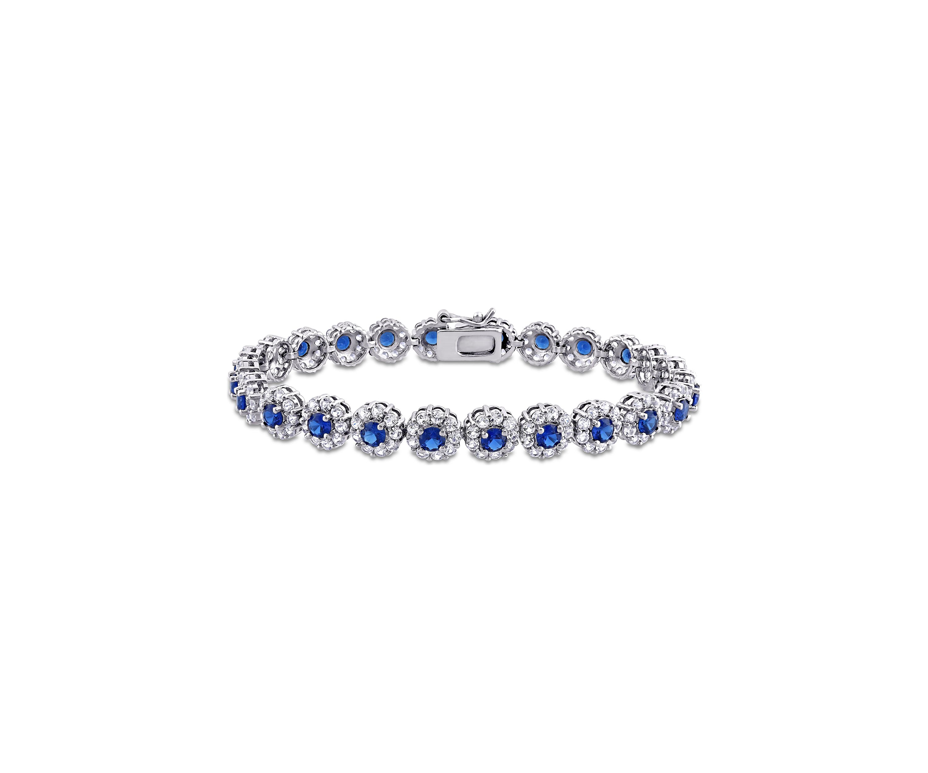 Lab Created 11.28 ct. t.g.w. Created Blue and White Sapphire Halo Tennis Bracelet in Sterling Silver