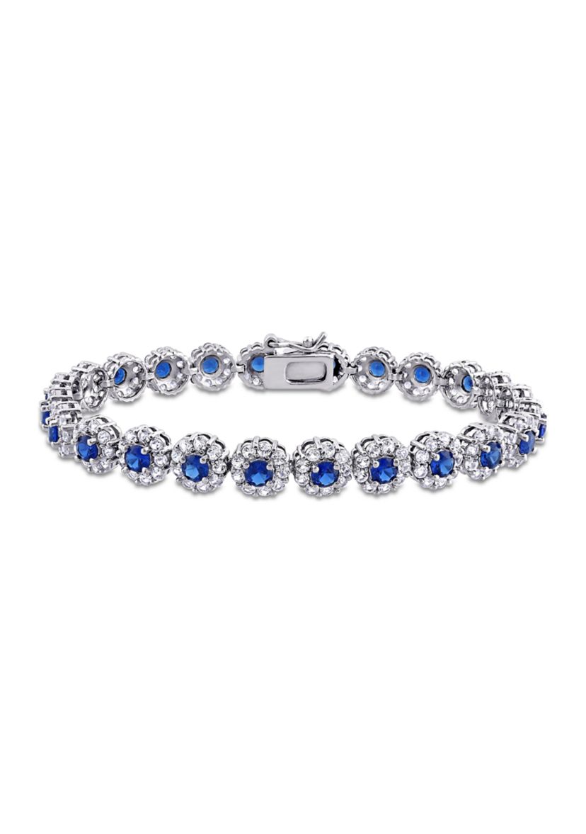 Lab Created 11.28 ct. t.g.w. Created Blue and White Sapphire Halo Tennis Bracelet in Sterling Silver