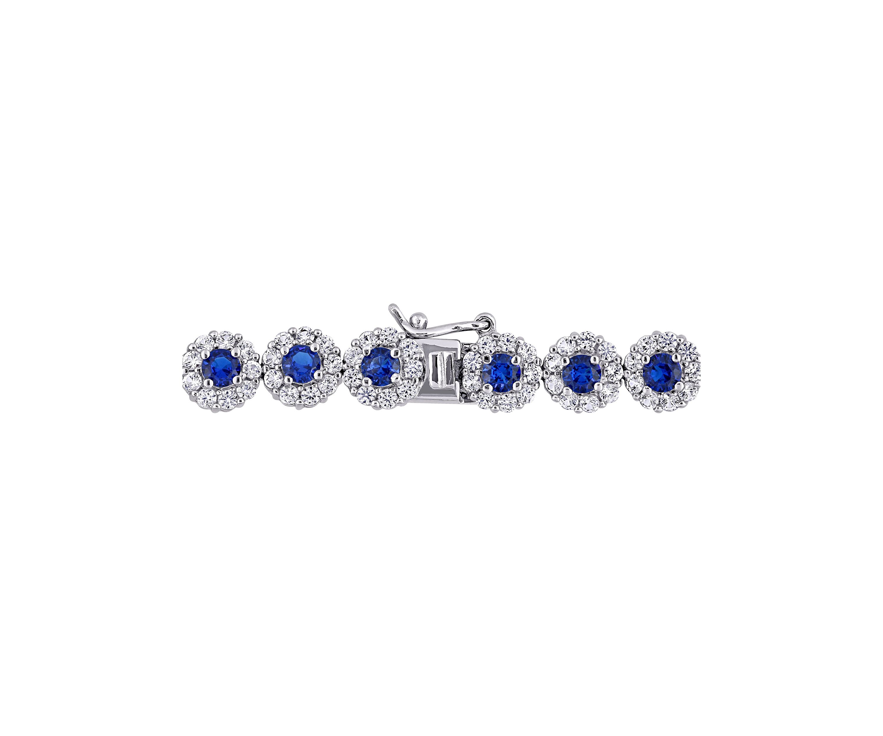 Lab Created 11.28 ct. t.g.w. Created Blue and White Sapphire Halo Tennis Bracelet in Sterling Silver