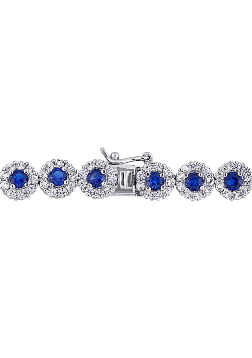 Lab Created 11.28 ct. t.g.w. Created Blue and White Sapphire Halo Tennis Bracelet in Sterling Silver