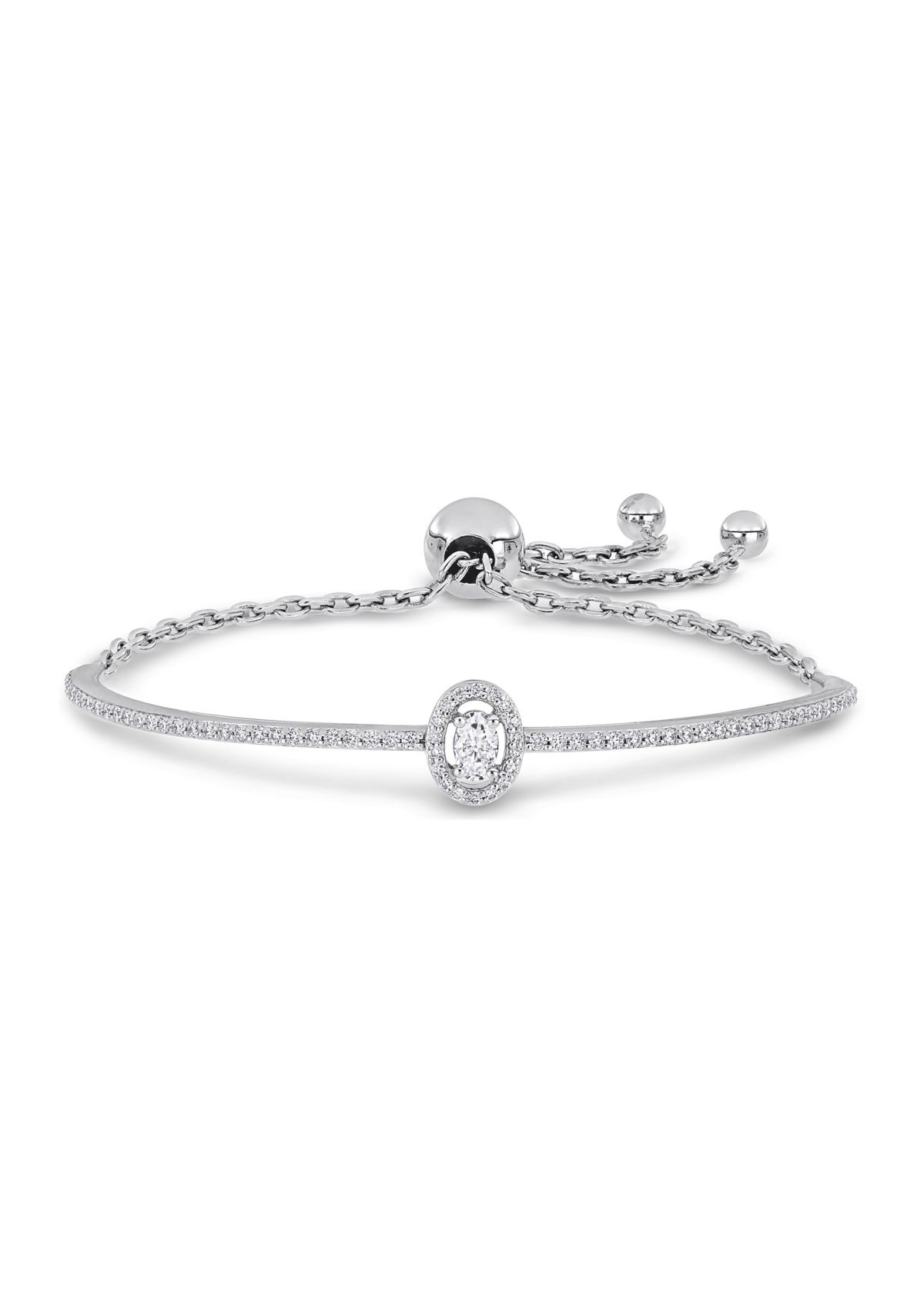 Lab Created 3/4 Ct DEW Created Moissanite Oval Halo Adjustable Bolo Bracelet in Sterling Silver