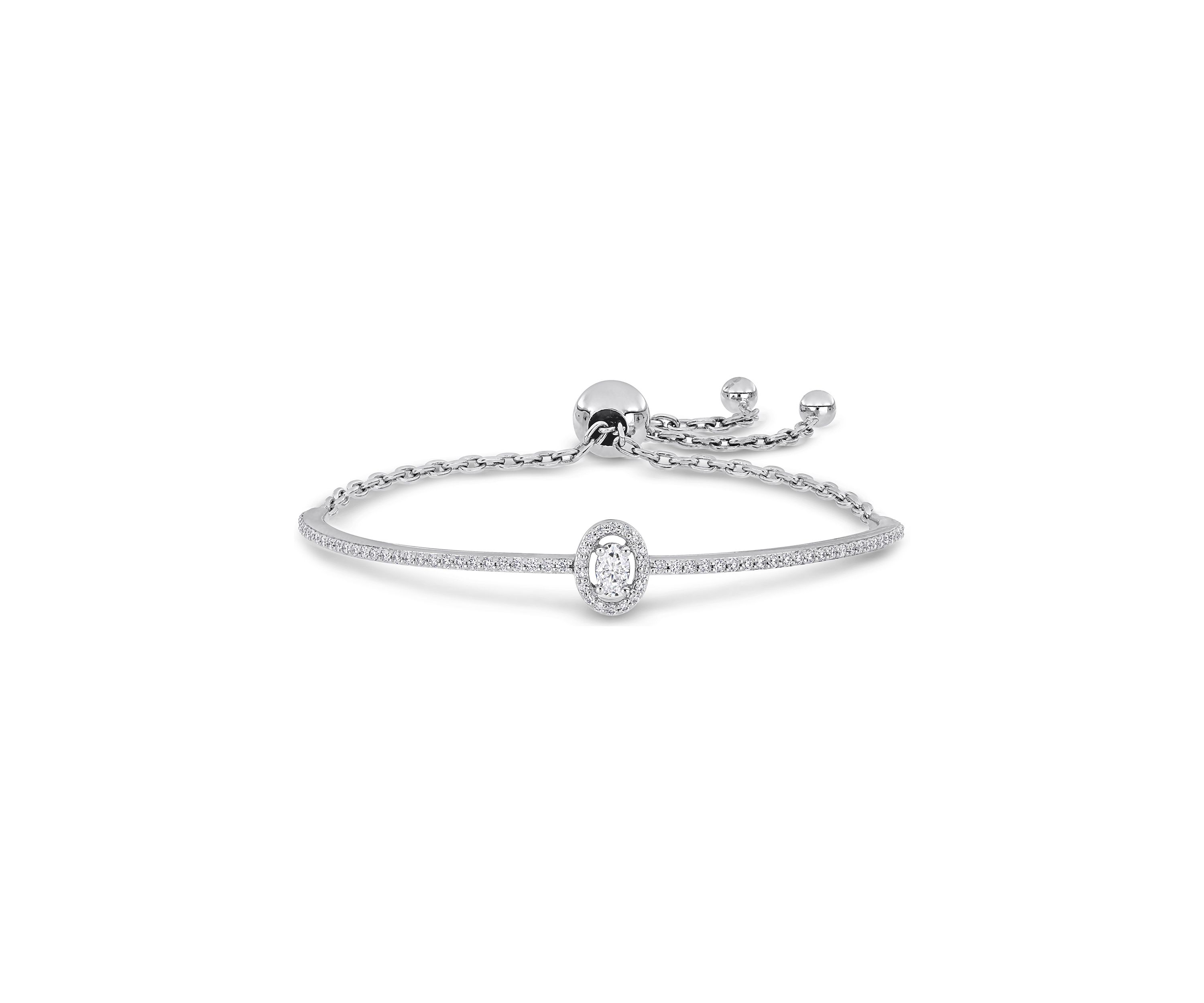 Lab Created 3/4 Ct DEW Created Moissanite Oval Halo Adjustable Bolo Bracelet in Sterling Silver