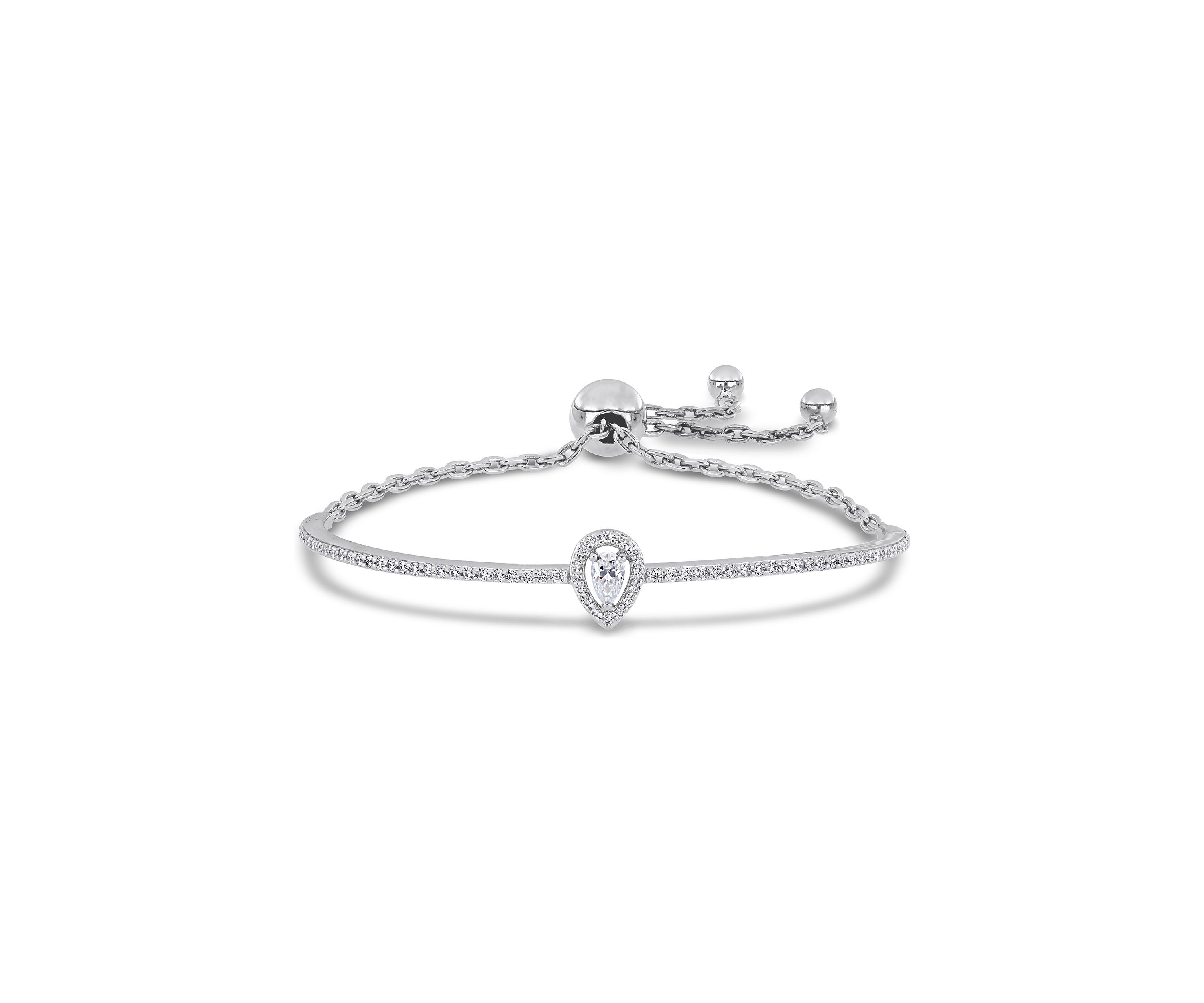 Lab Created 3/4 Ct DEW Created Moissanite Pear Shape Halo Adjustable Bolo Bracelet in Sterling Silver