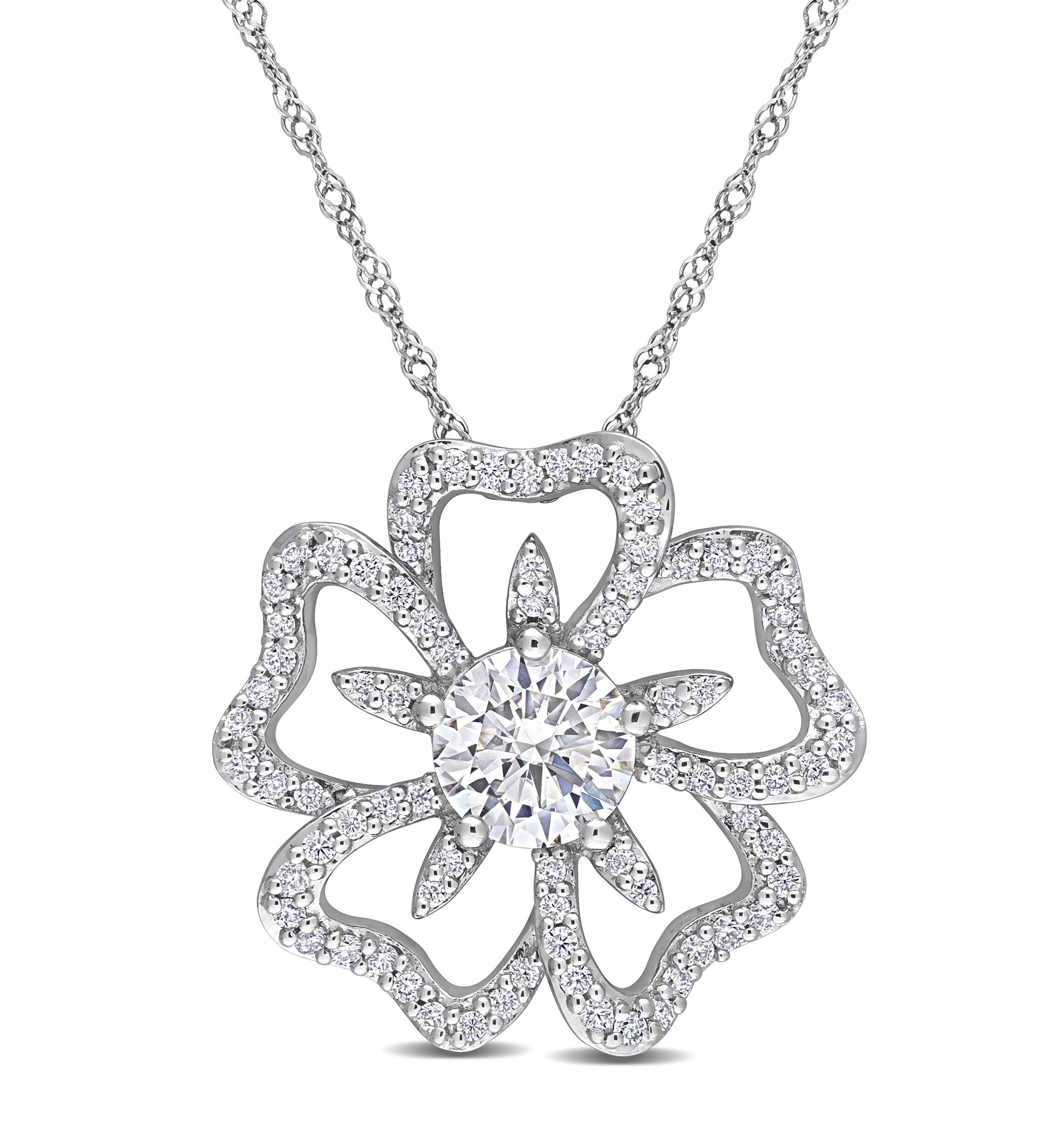 Lab Created 1.08 ct. t.g.w. Created Moissanite Flower Pendant with Chain in Sterling Silver
