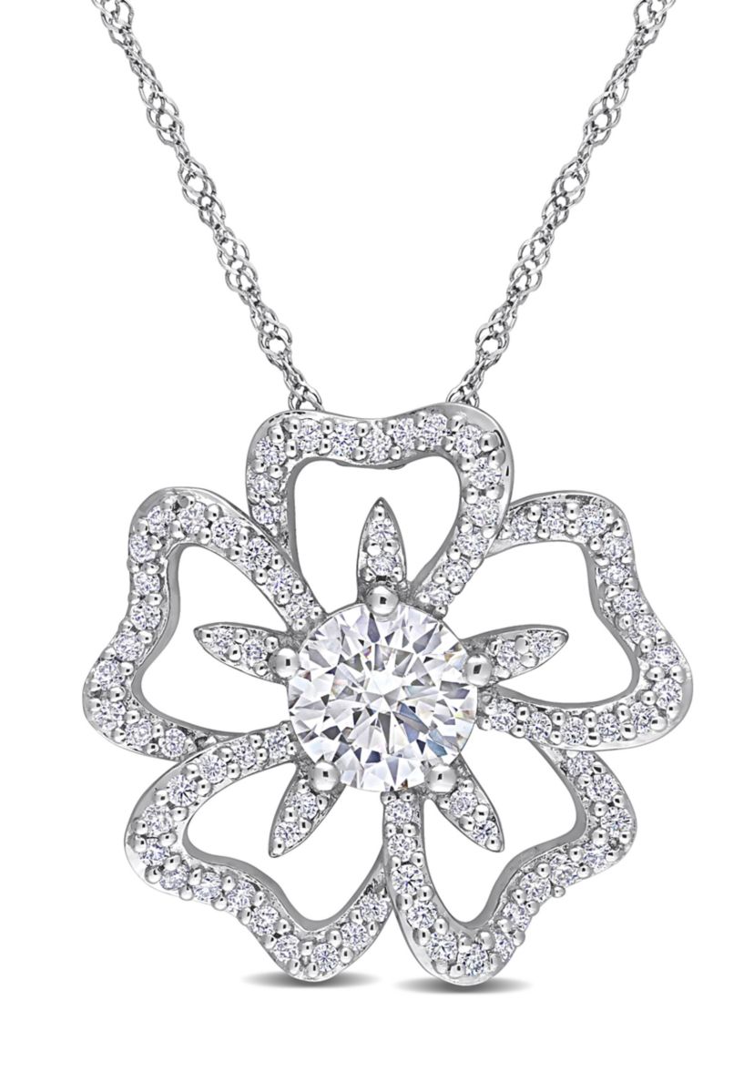 Lab Created 1.08 ct. t.g.w. Created Moissanite Flower Pendant with Chain in Sterling Silver