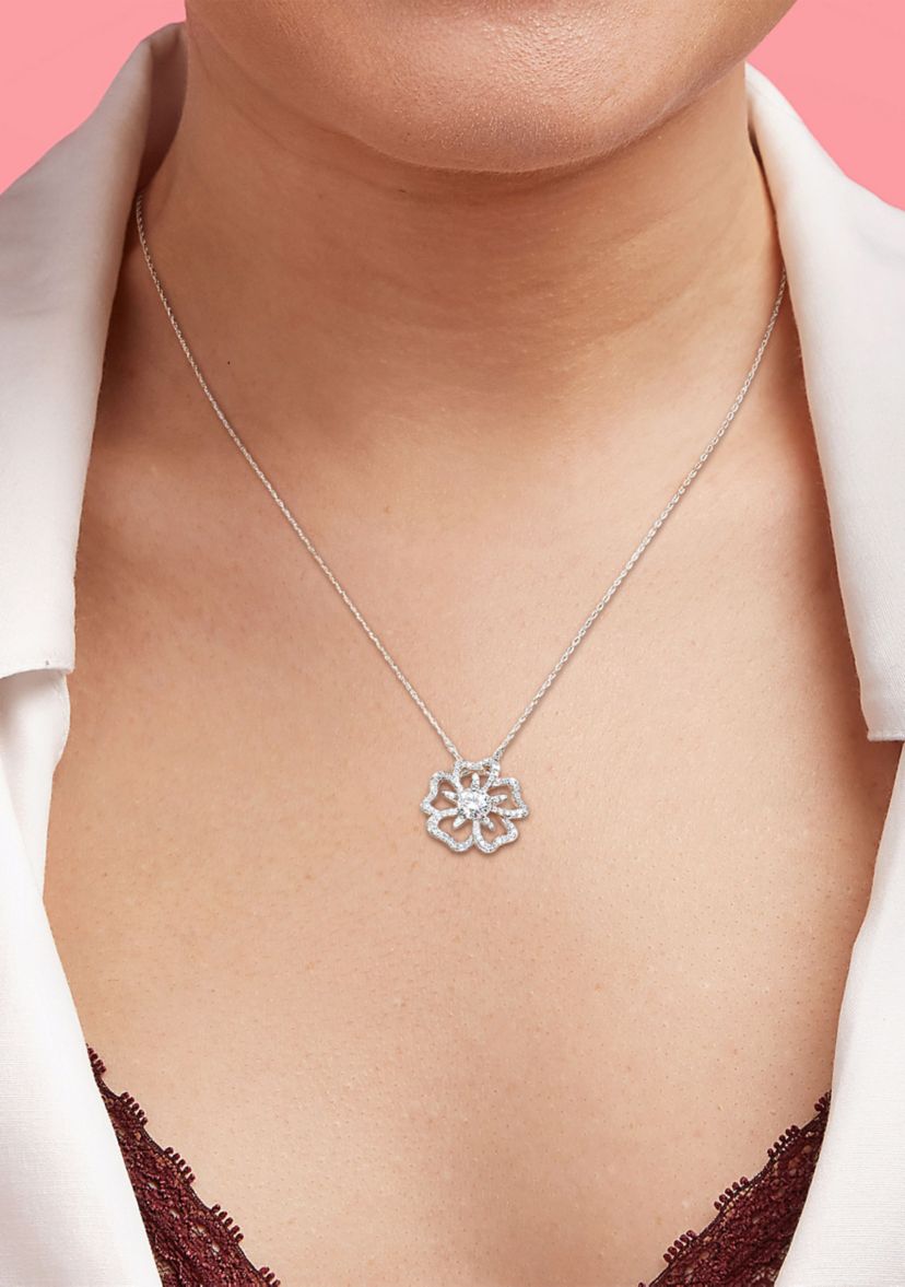 Lab Created 1.08 ct. t.g.w. Created Moissanite Flower Pendant with Chain in Sterling Silver