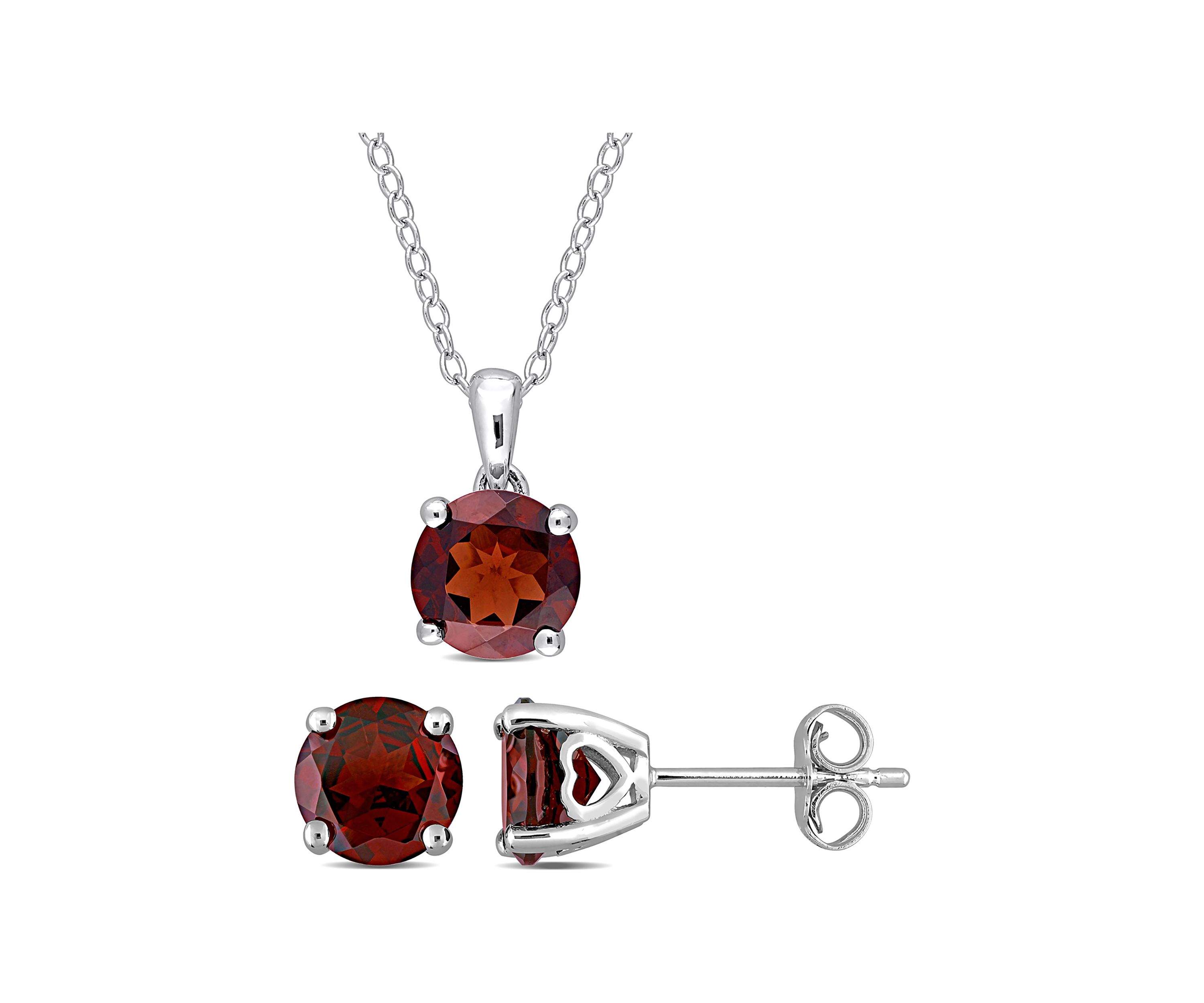 4 4/5 CT TGW Garnet Solitaire Stud Earring and Pendant with chain Set in Sterling Silver