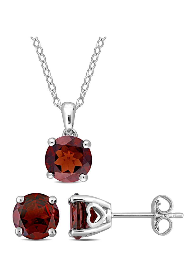 4 4/5 CT TGW Garnet Solitaire Stud Earring and Pendant with chain Set in Sterling Silver