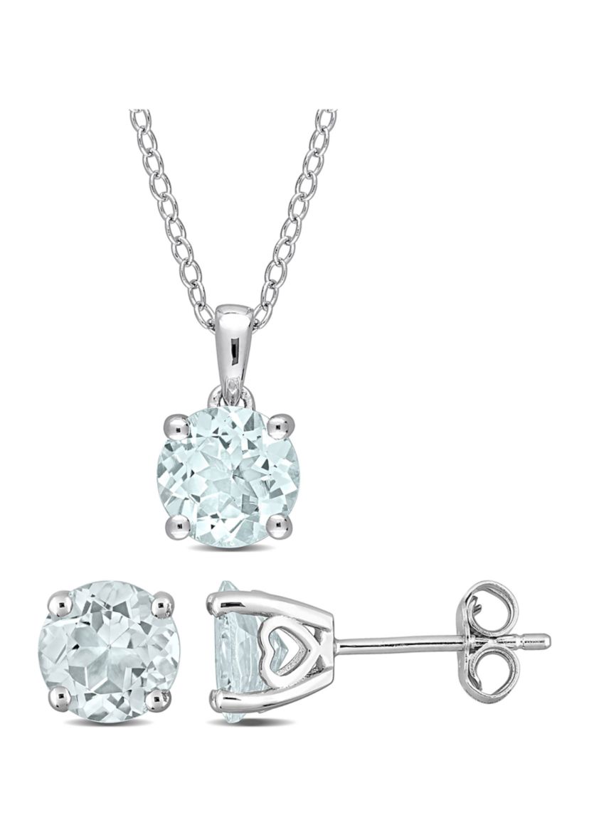 3 1/2 CT TGW Aquamarine Solitaire Stud Earring and Pendant with chain Set in Sterling Silver