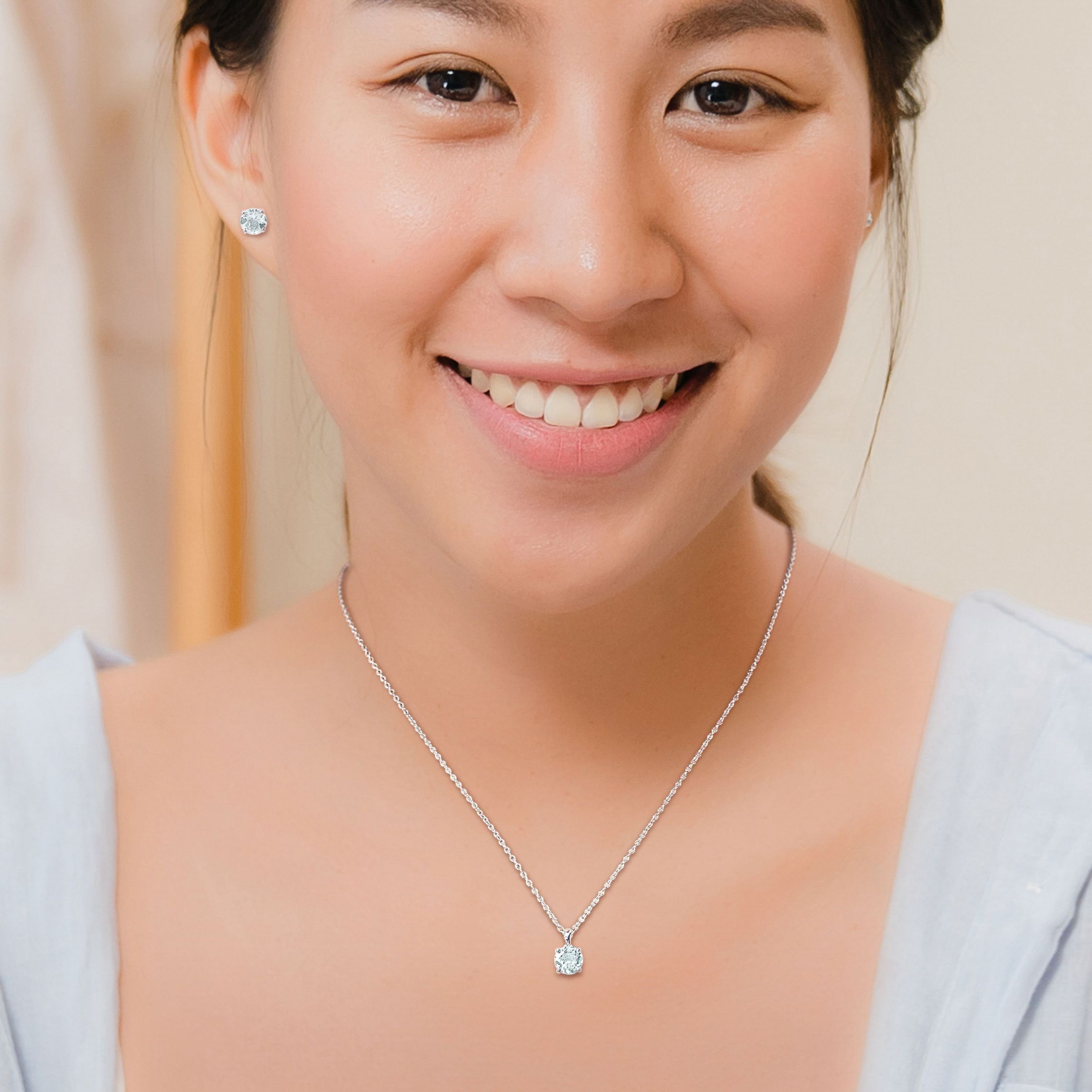 3 1/2 CT TGW Aquamarine Solitaire Stud Earring and Pendant with chain Set in Sterling Silver