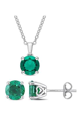 Belk & Co Lab Created 3 1/2 CT TGW Emerald Solitaire Stud Earring and Pendant with chain Set in Sterling Silver, White, 18 in