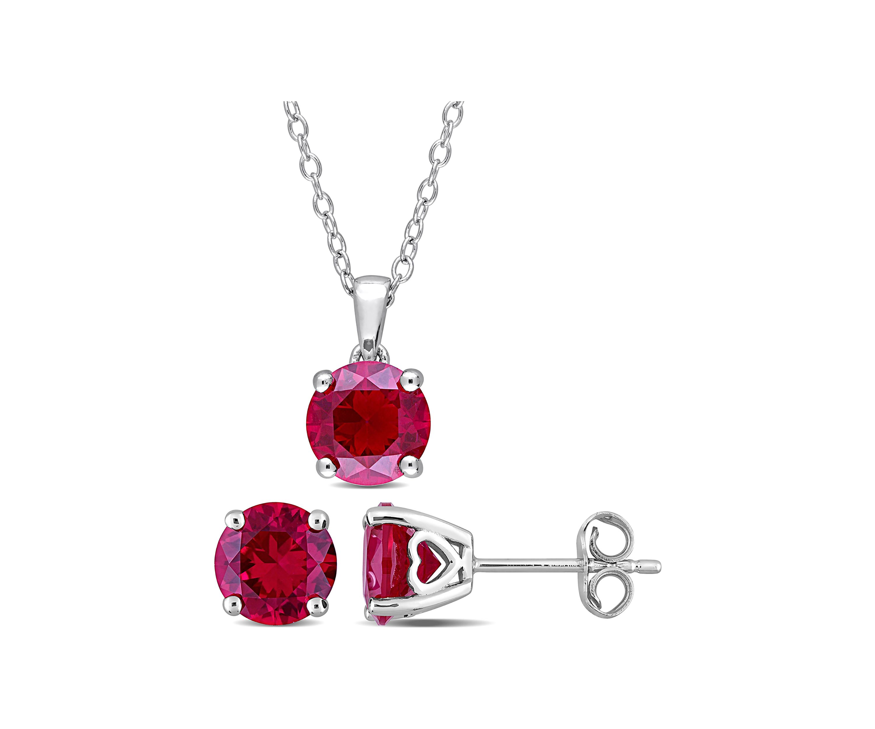 Lab Created 4 7/8CT TGW Created Ruby Solitaire Stud Earring and Pendant with chain Set in Sterling Silver